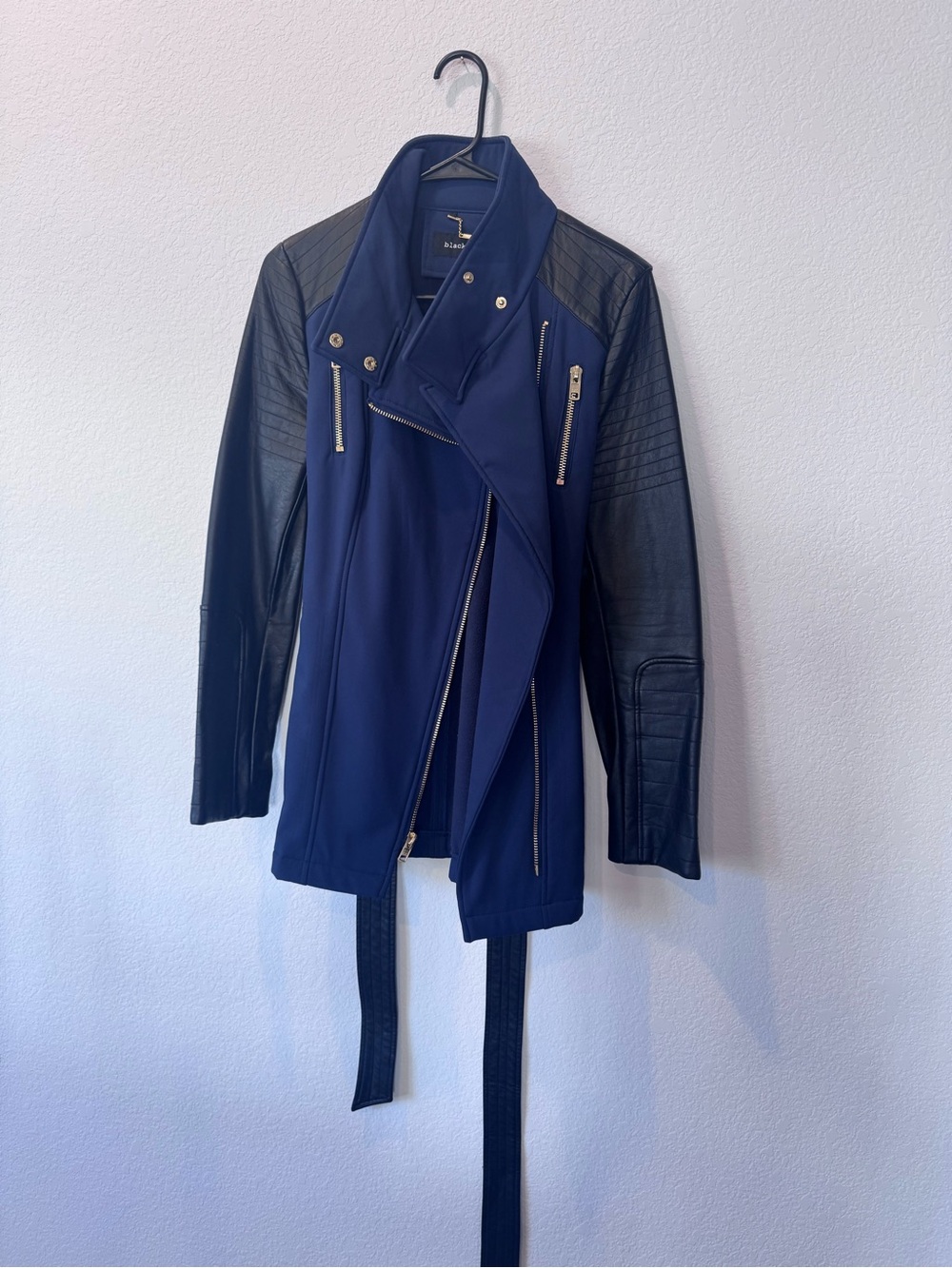 Black Rivet Navy and Black Mixed-Media Moto Jacket